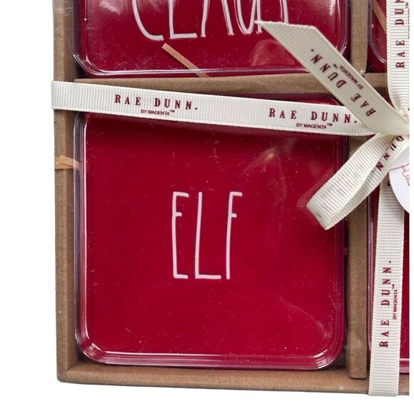 Rae Dunn by Magenta Set of 4 Ceramic Drink Coasters (Red/Mrs Claus/Elf) NWT - Picture 4 of 5